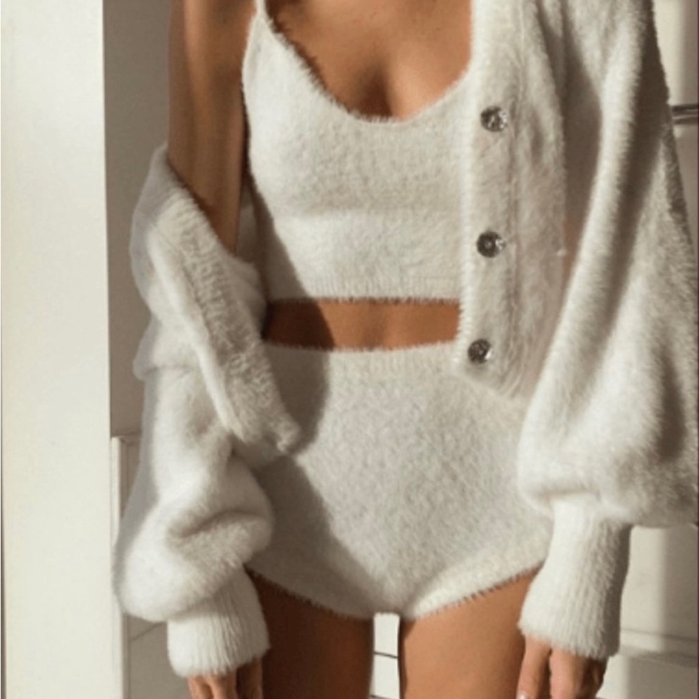 Fuzzy white cardigan cami and shorts 3 piece set
